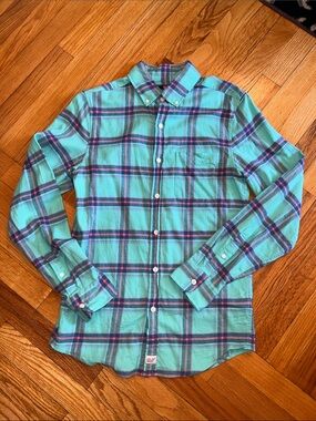Vineyard Vines Lightweight Cotton Linen Men's Aqua Plaid Button-Down Slim XS